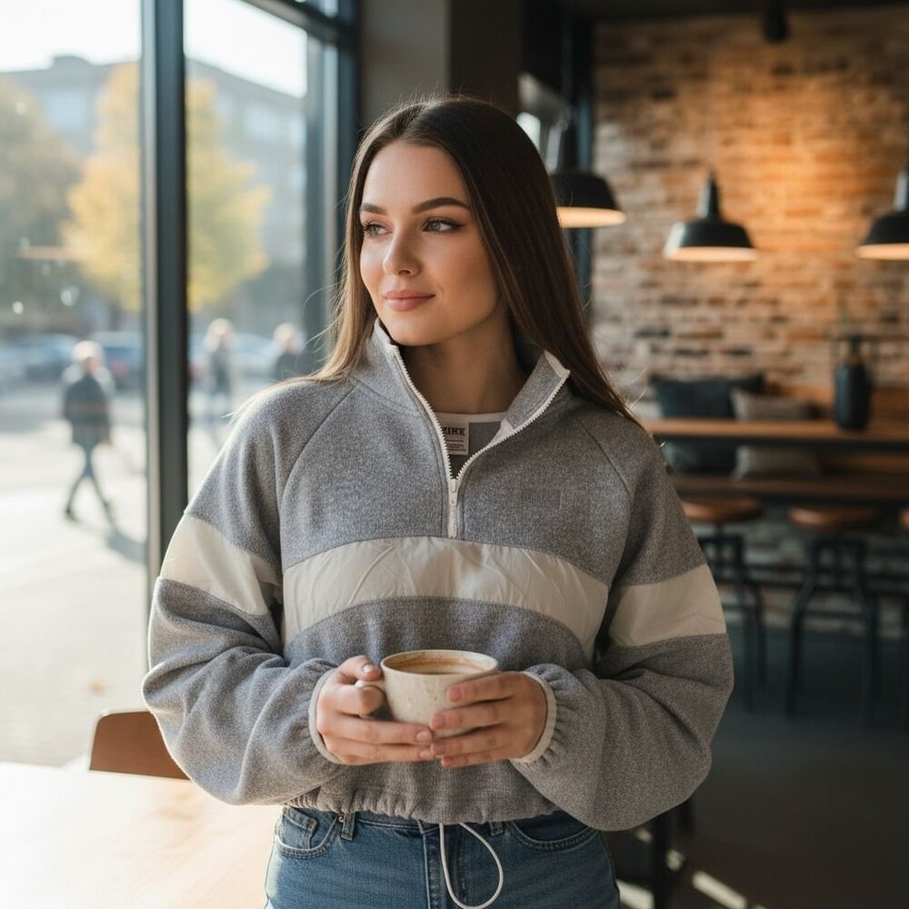PINK Victoria’s Secret ✦ Heathered Gray Zip Pullover ✦ White Stripe Drawstring - Picture 7 of 10
